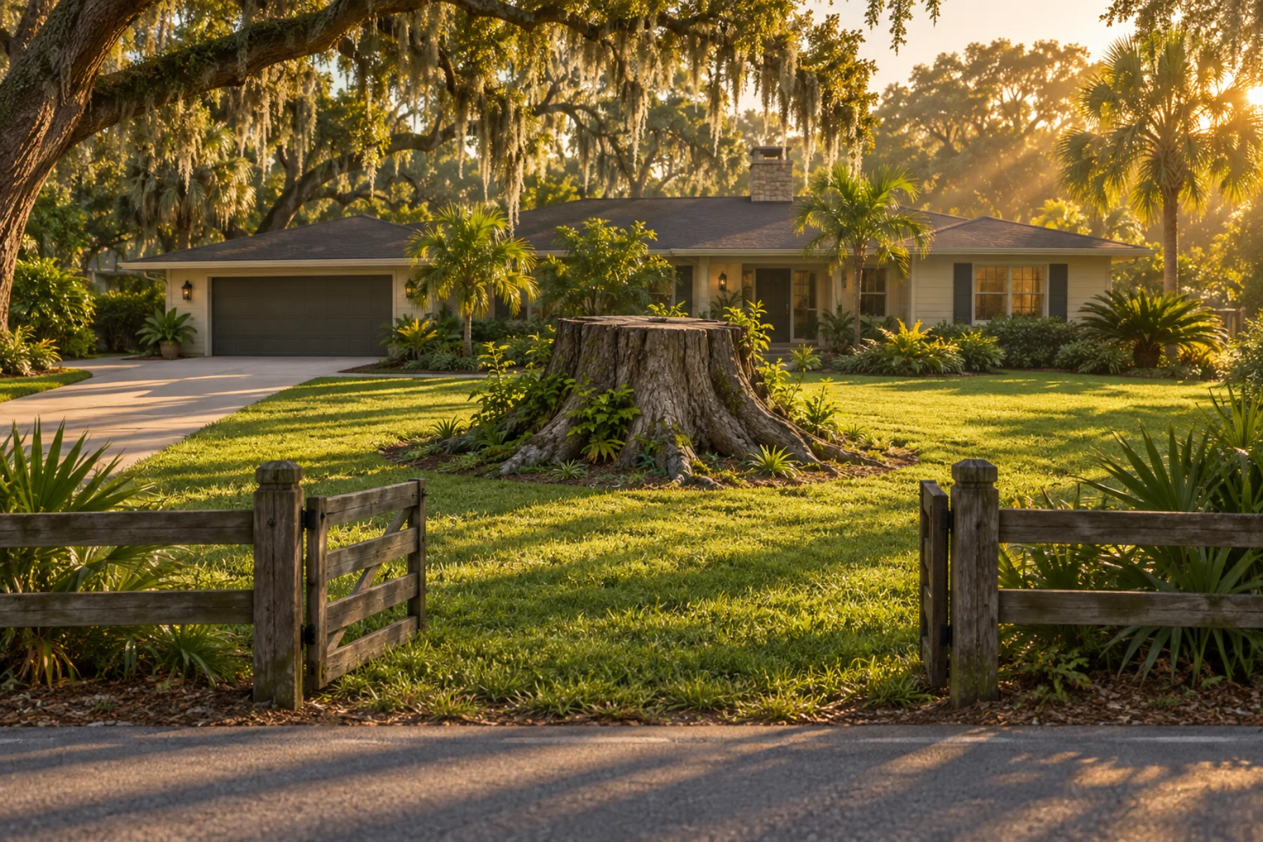 Illustration of a Florida front yard with a large tree stump near an open gate