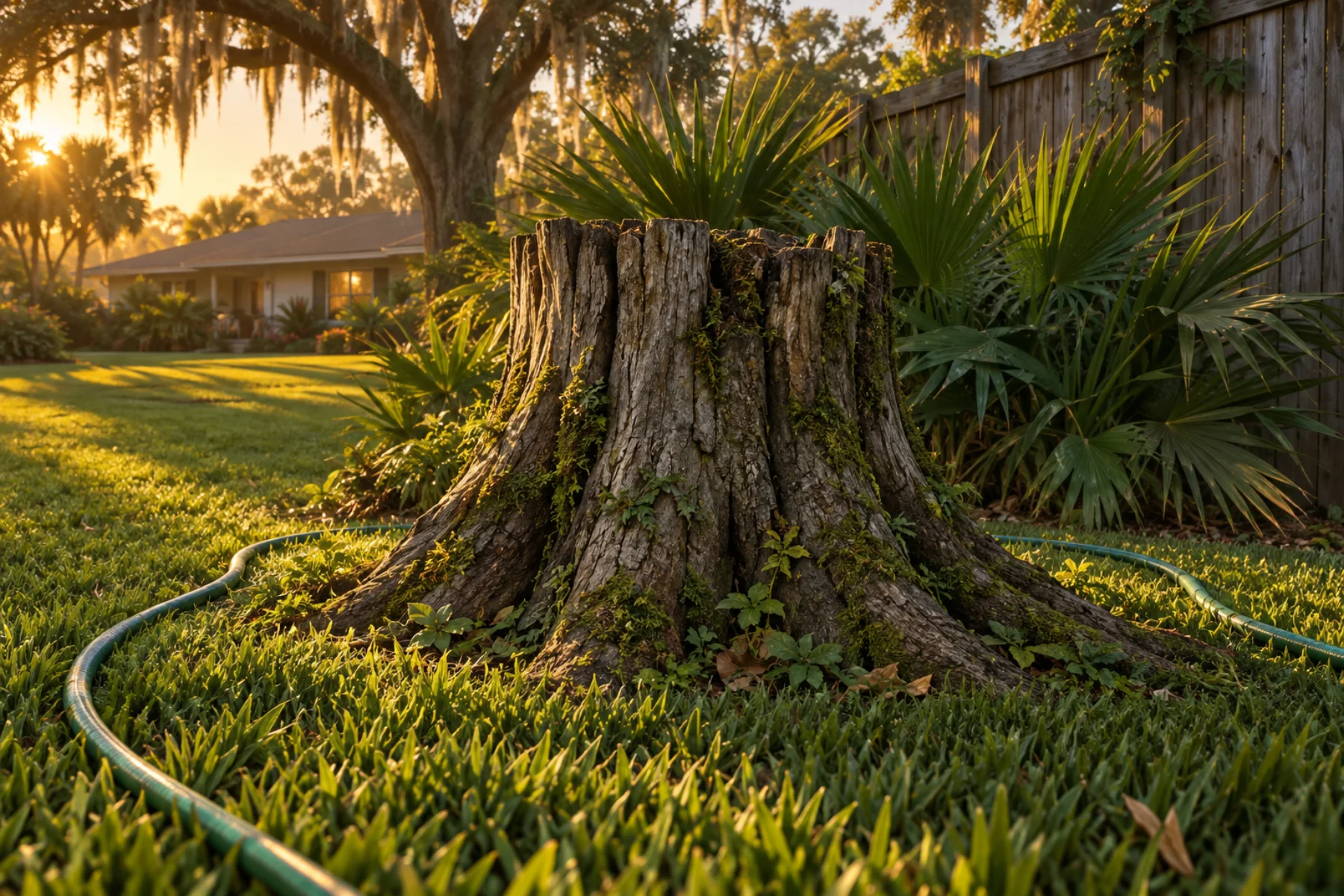 Illustration closing in on a weathered stump breaking the mowing line of a lawn