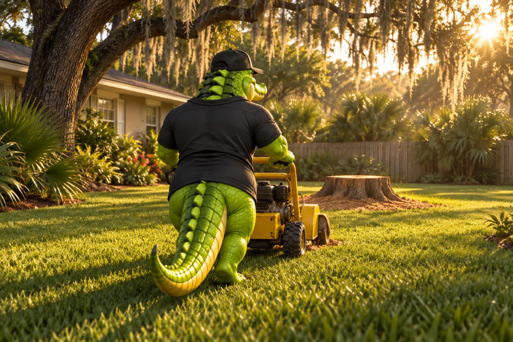 Illustration of the Gone Stumpin alligator rolling a yellow stump grinder toward the stump