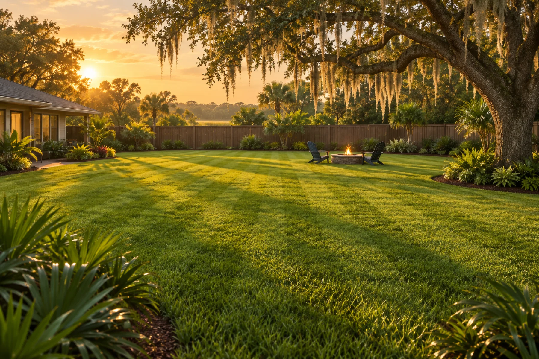 Illustration of a wide, open, freshly mowed backyard in evening light
