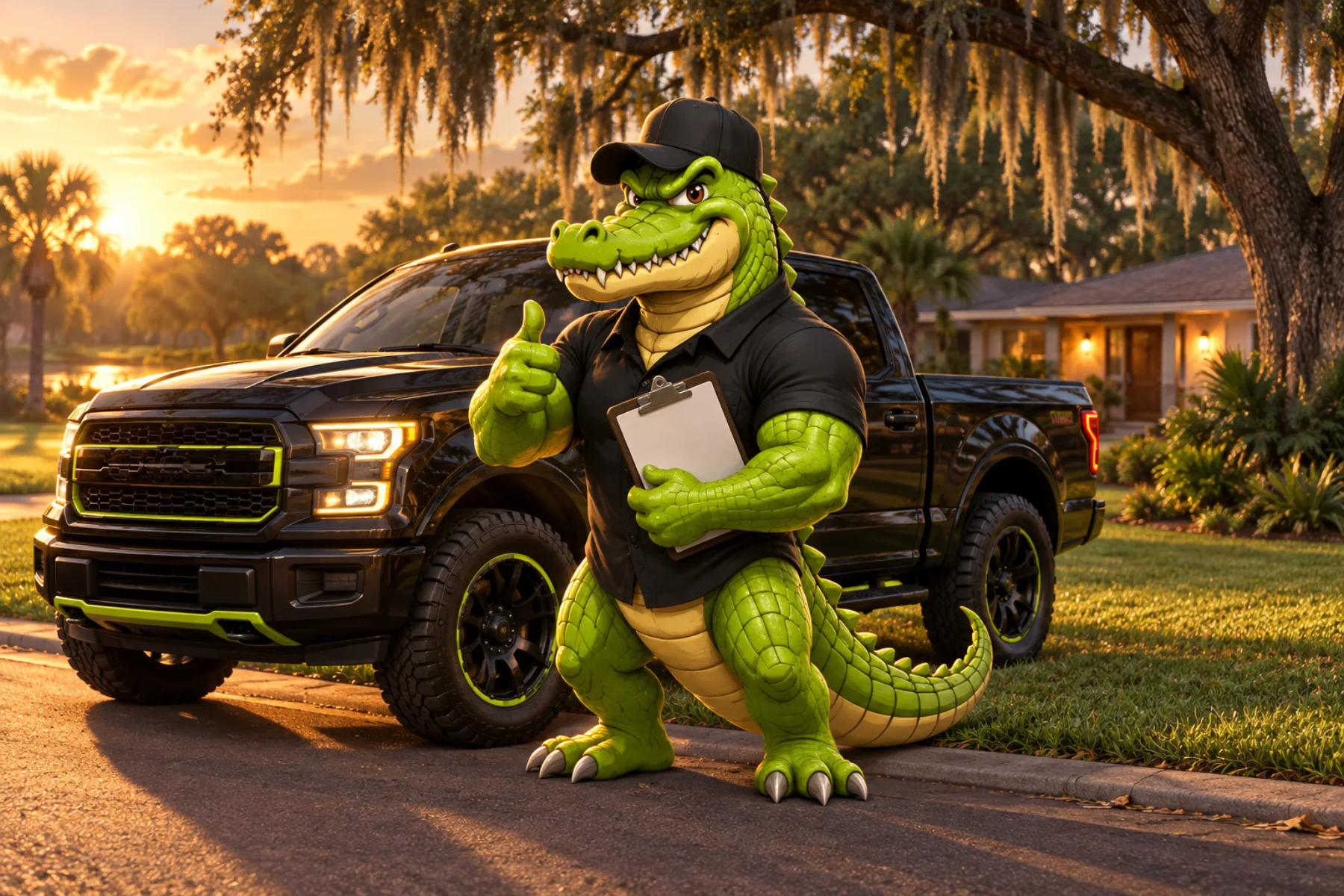 Illustration of the Gone Stumpin alligator beside a black work truck at dusk, holding a clipboard